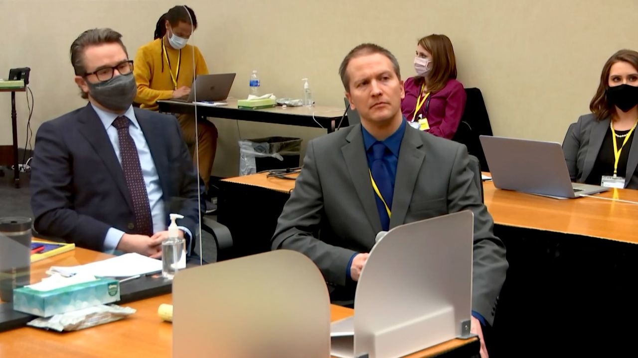 Former Minneapolis Police officer Derek Chauvin, right, with defense attorney Eric Nelson at Chauvin's trial in April.