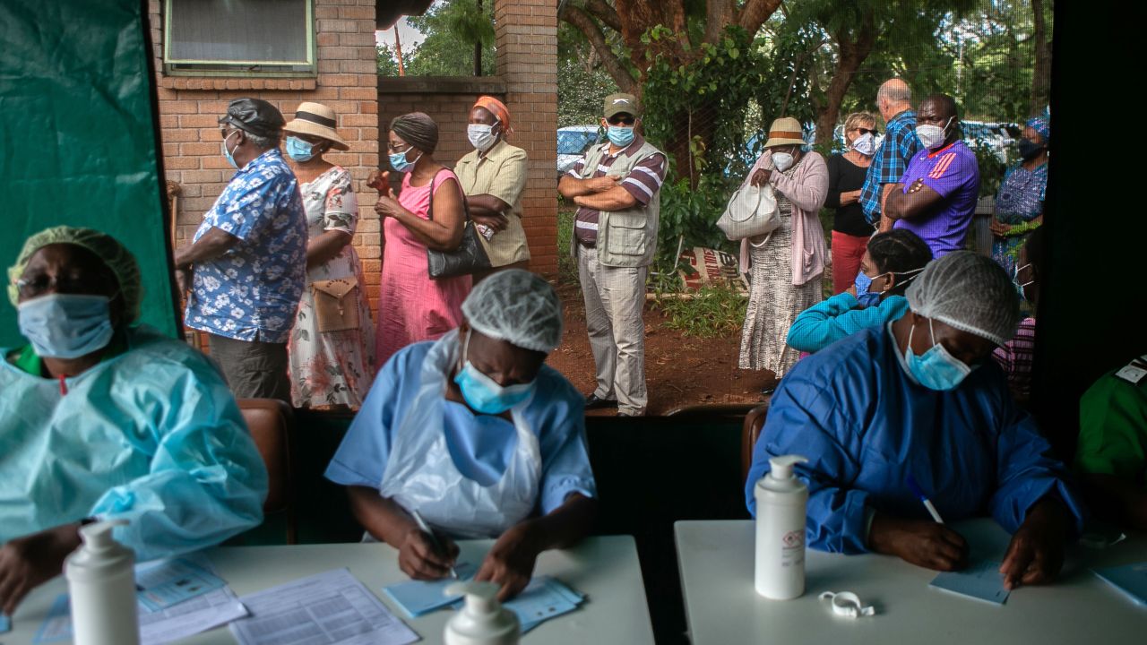 Elderly people queue for the Sinopharm vaccine at a local hospital on March 29 in Harare, Zimbabwe.