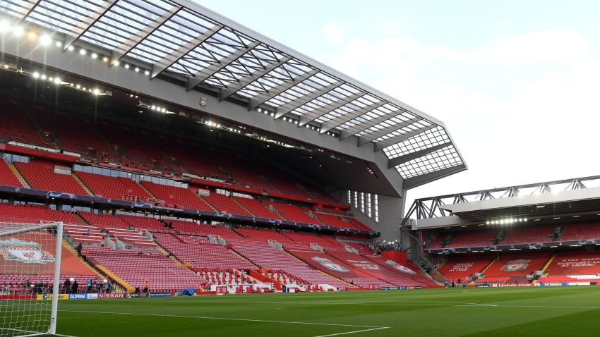 LIVERPOOL, ENGLAND - APRIL 14: A general view inside the stadium prior to the UEFA Champions League Quarter Final Second Leg match between Liverpool FC and Real Madrid at Anfield on April 14, 2021 in Liverpool, England. Sporting stadiums around the UK remain under strict restrictions due to the Coronavirus Pandemic as Government social distancing laws prohibit fans inside venues resulting in games being played behind closed doors. (Photo by Shaun Botterill/Getty Images)