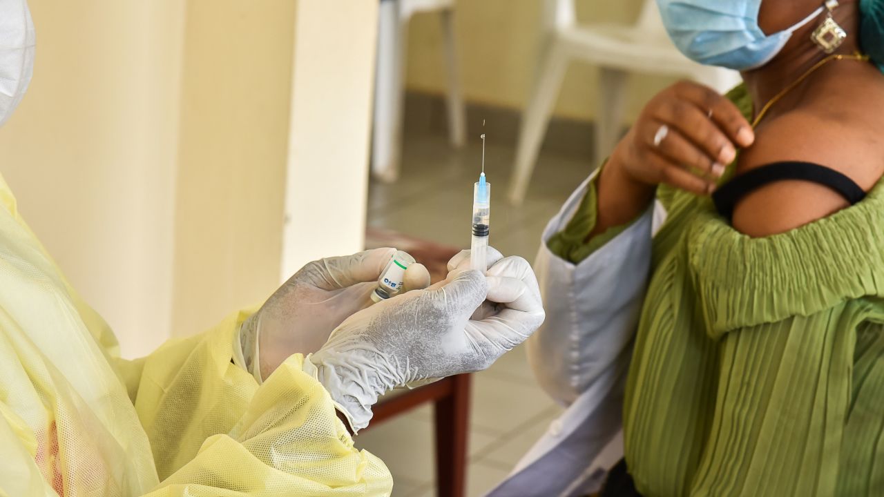 A healthcare worker receives a Sinopharm vaccine in Yaounde, Cameroon on April 12.