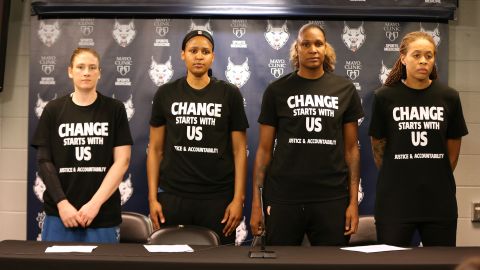 In July 2016 -- a month before Colin Kaepernick first drew attention by not standing for the US national anthem -- members of the reigning WNBA champion the Minnesota Lynx protested before a game against the Dallas Wings wearing T-shirts with the words on the front: "Change starts with us. Justice & accountability." On the back were the names Alton Sterling and Philando Castile, two Black men killed by police that month, and the phrase "Black Lives Matter." Lindsay Whalen, Maya Moore, Rebekkah Brunson, and Seimone Augustus are pictured in this photo.