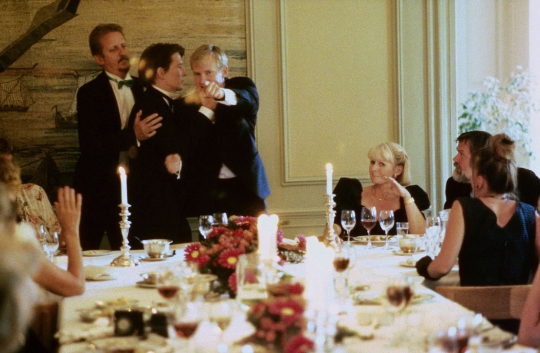 Thomas Bo Larsen (center) as Michael and Ulrich Thomsen (center right) as Christian in Vinterberg's "The Celebration" (1998).