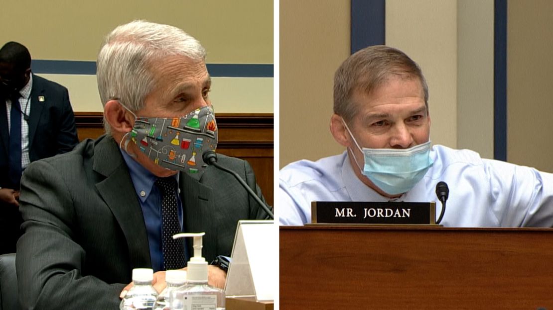 Dr. Anthony Fauci, left, and Republican Rep. Jim Jordan sparred over whether Covid-19 restrictions violated Americans' civil liberties. 