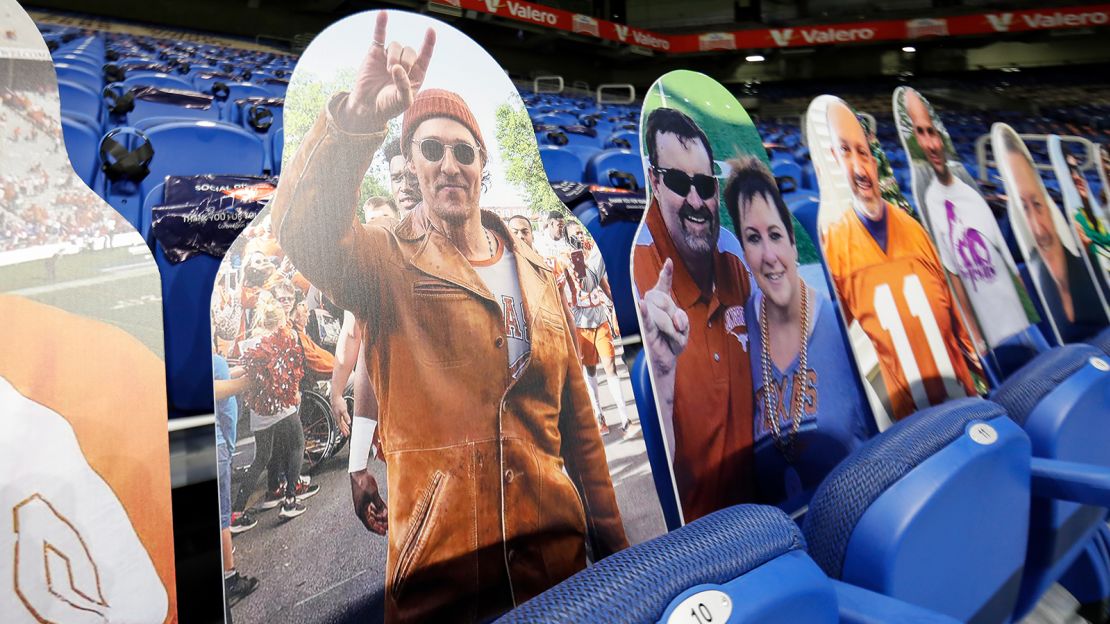 A cardboard cutout of actor Matthew McConaughey is seen in the seats during the Valero Alamo Bowl between the Colorado Buffaloes and the Texas Longhorns at the Alamodome on December 29, 2020 in San Antonio, Texas.