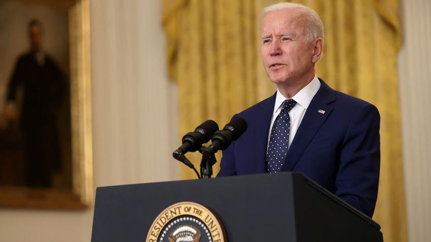 WASHINGTON, DC - APRIL 15: U.S. President Joe Biden announces new economic sanctions against the Russia government from the East Room of the White House on April 15, 2021 in Washington, DC. Biden announced sanctions against 32 companies and individuals that are aimed at choking off lending to the Russian government and in response to the 2020 hacking operation that breached American government agencies and some of the nation's largest companies. (Photo by Chip Somodevilla/Getty Images)