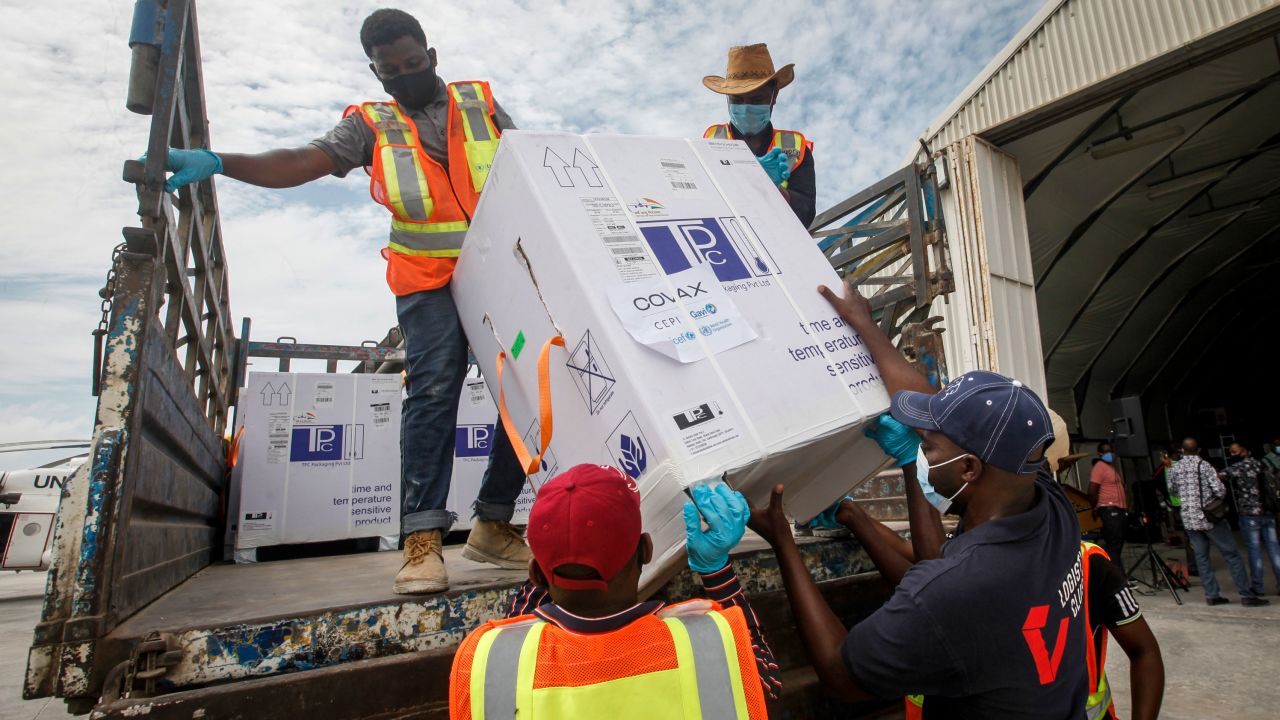 Boxes of the AstraZeneca vaccine, manufactured by the Serum Institute of India and provided through the COVAX global initiative, arrive in Mogadishu, Somalia on March 15.