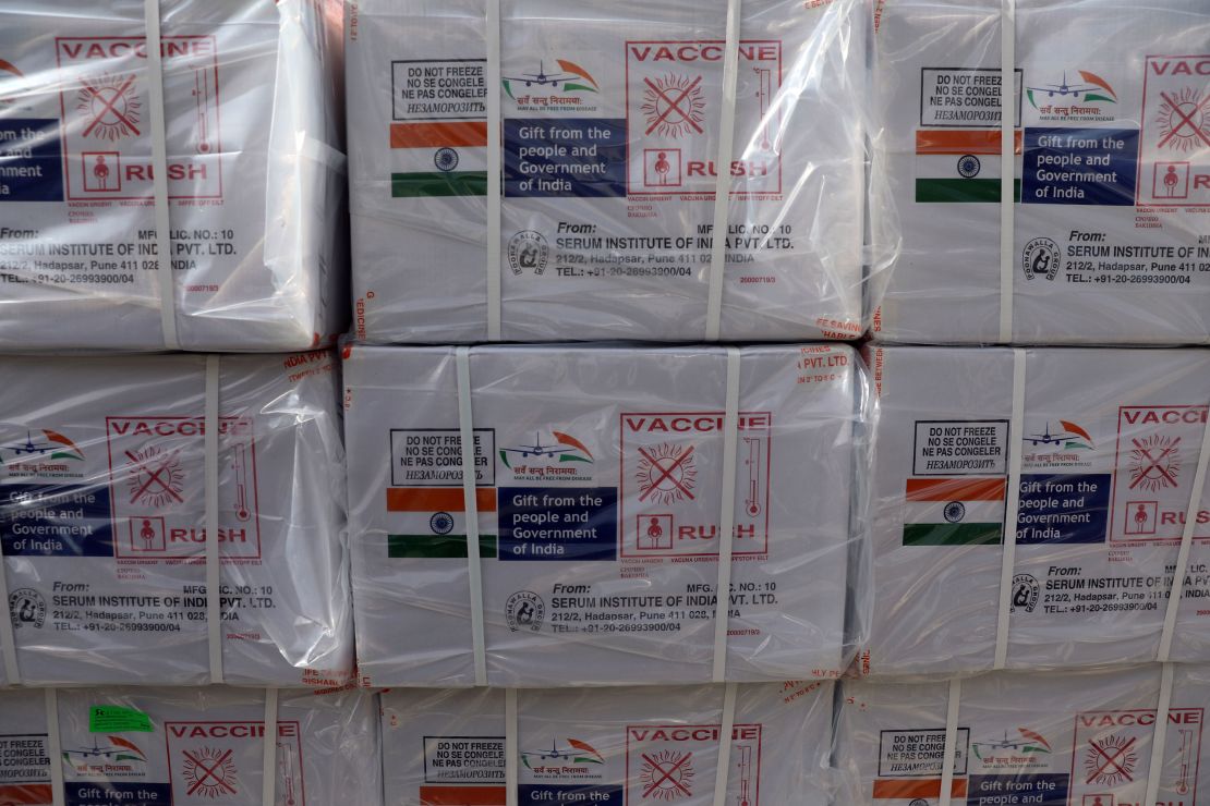 Boxes of AstraZeneca vaccine, produced by the Serum Institute of India and donated by the Indian government, arrive in Kabul, Afghanistan, on February 7, 2021.