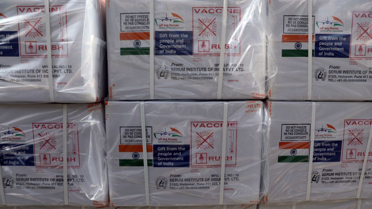 Boxes of AstraZeneca vaccine, produced by the Serum Institute of India and donated by the Indian government, arrive in Kabul, Afghanistan, on February 7, 2021.