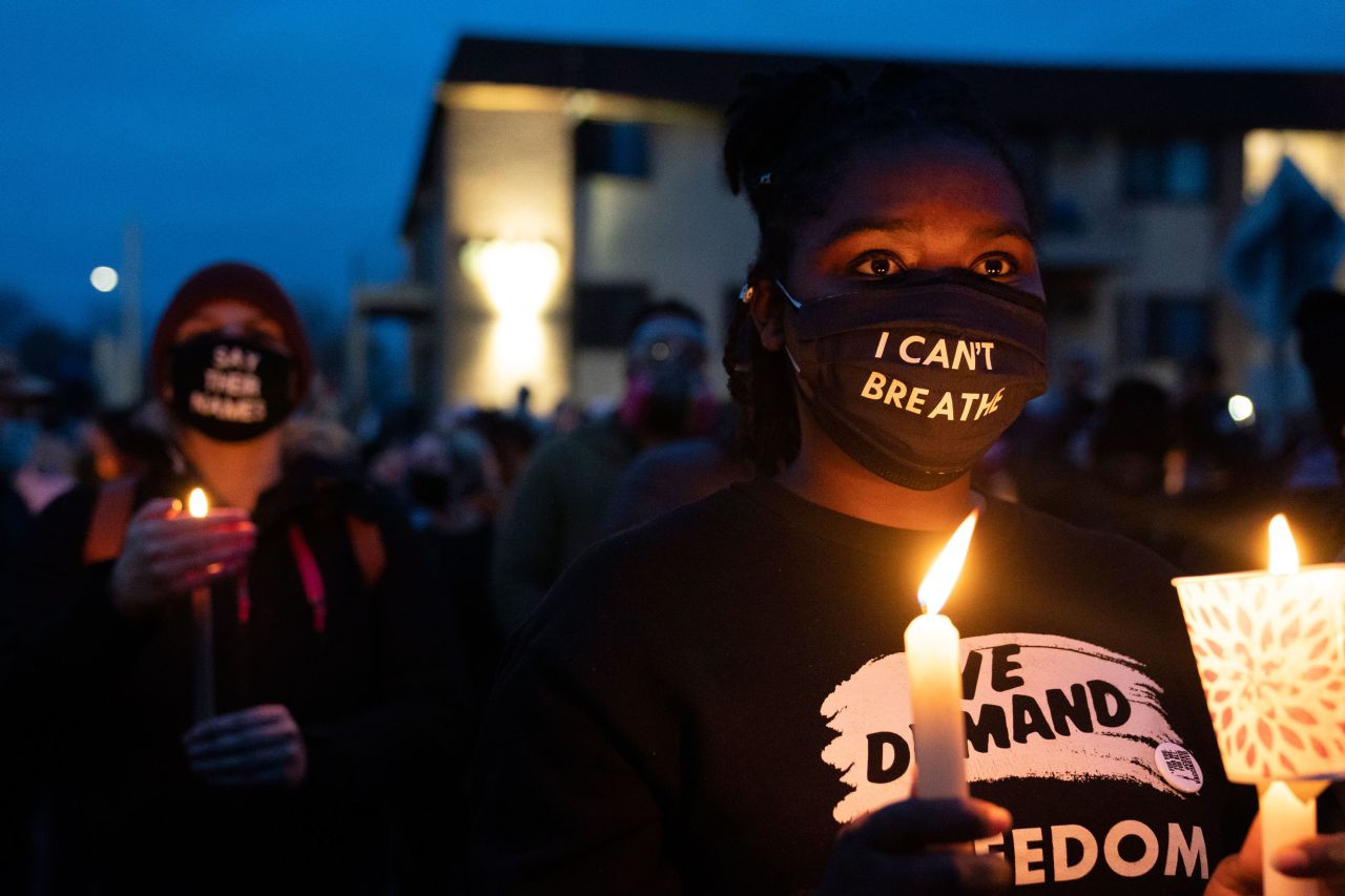Demonstrators gather outside the Brooklyn Center Police Department in response to the shooting of Daunte Wright on Thursday, April 17.