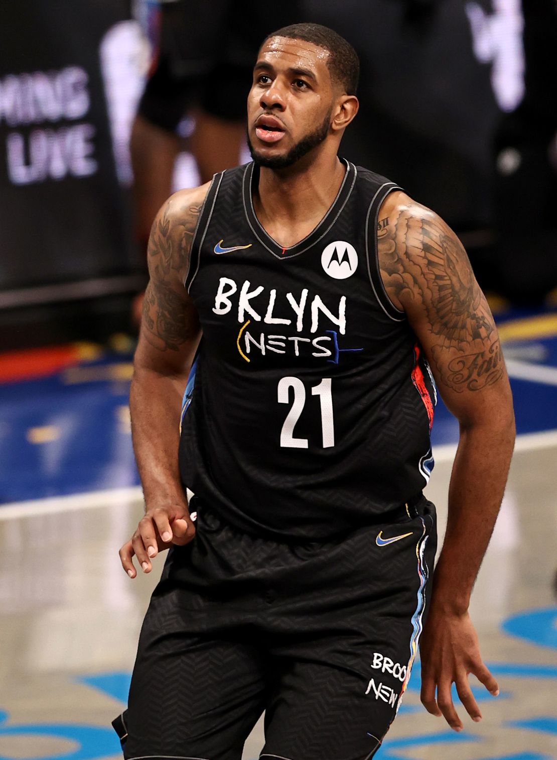 Nets' LaMarcus Aldridge watches his shot during his last game in the NBA, against the LA Lakers.