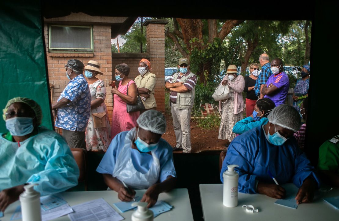 Elderly people queue for the Sinopharm Covid-19 vaccine on March 29, 2021 in Harare, Zimbabwe.