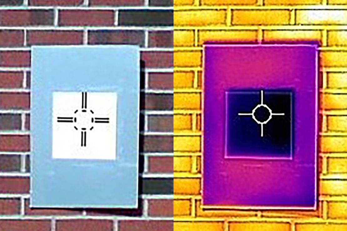 An infrared camera image shows how a sample of the new, ultra-white paint cools the surrounding area. The image of the left shows the paint in situ, while the image on the right uses special technology to show how it cools the surrounding area. The darker the color, the lower the temperature.