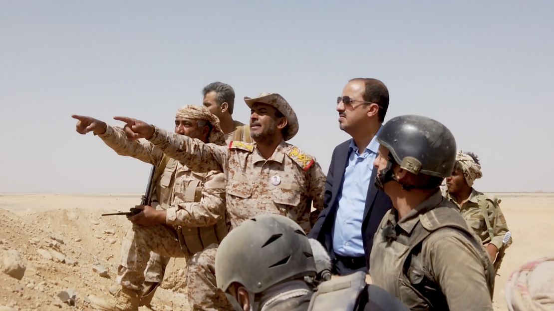 General Sagheer bin Aziz, Chief of Staff, pictured third from left, and Moammar Al-Eryani, Minister of Information, Culture and Tourism, fourth from left at the frontline in Marib.