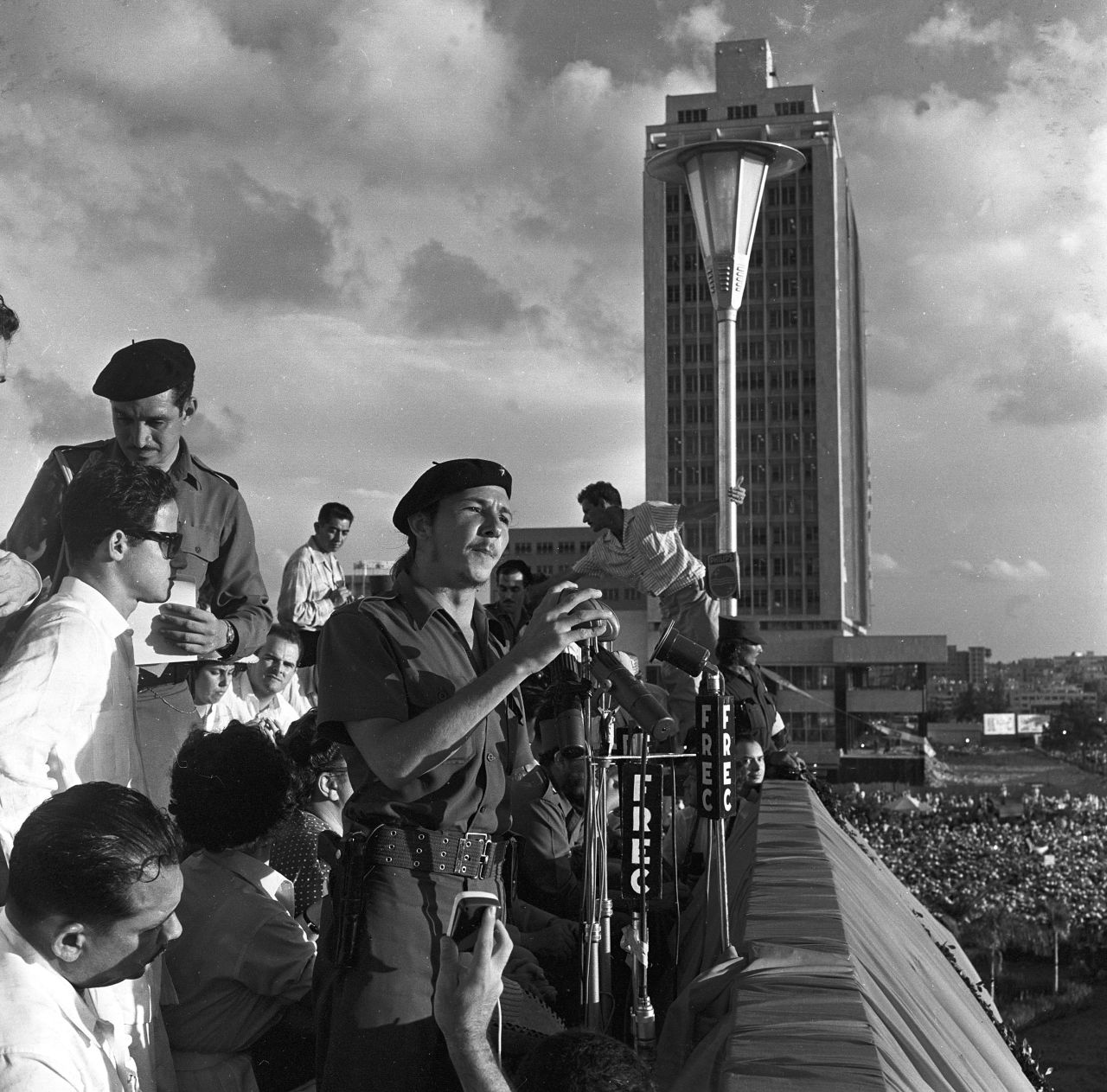 Castro speaks to a crowd in Havana on July 26, 1959, at an event marking the anniversary of the 1953 attack on the Moncada barracks. Castro's brother Fidel led the attempted coup against Fulgencio Batista's government. Both brothers were sentenced to 15 years in prison but were released less than two years later as part of an amnesty for political prisoners. The attack on the military barracks is viewed as the beginning of the Cuban Revolution.