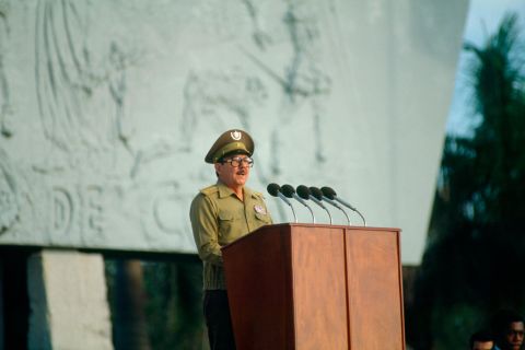 Castro speaks at a rally in November 1983 honoring soldiers killed during the US invasion of Grenada.