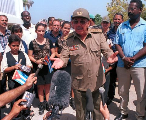 Castro speaks to members of the press during a rally in July 2000 in Manzanillo, Cuba.