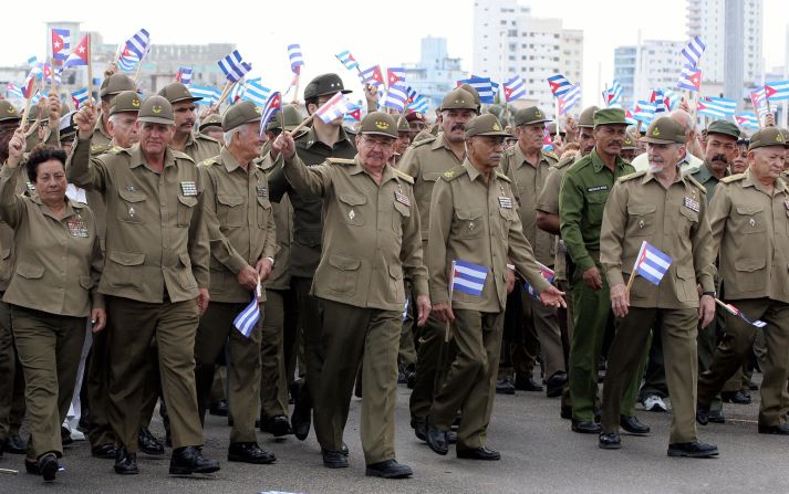 Castro takes part in a march against terrorism in front of the United States Interests Section in Havana in May 2005.