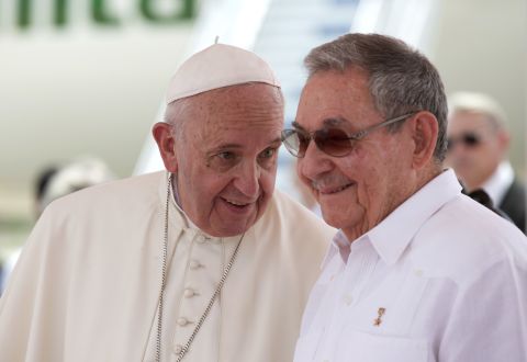 Pope Francis speaks with Castro during his farewell ceremony in Santiago de Cuba in 2015. The pair had met earlier in the year in Italy, where Castro thanked the Pope for facilitating talks between Cuba and the United States.