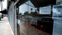 A business in the Fairfax neighborhood is seen with a sign declaring the business minority owned in Los Angeles, California, on Sunday, May 31, 2020.