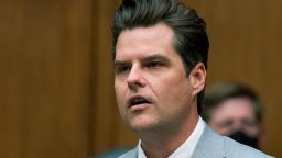 In this Wednesday, April 14, 2021 file photo, Rep. Matt Gaetz, R-Fla., questions witnesses during a House Armed Services Committee hearing on Capitol Hill, in Washington. 