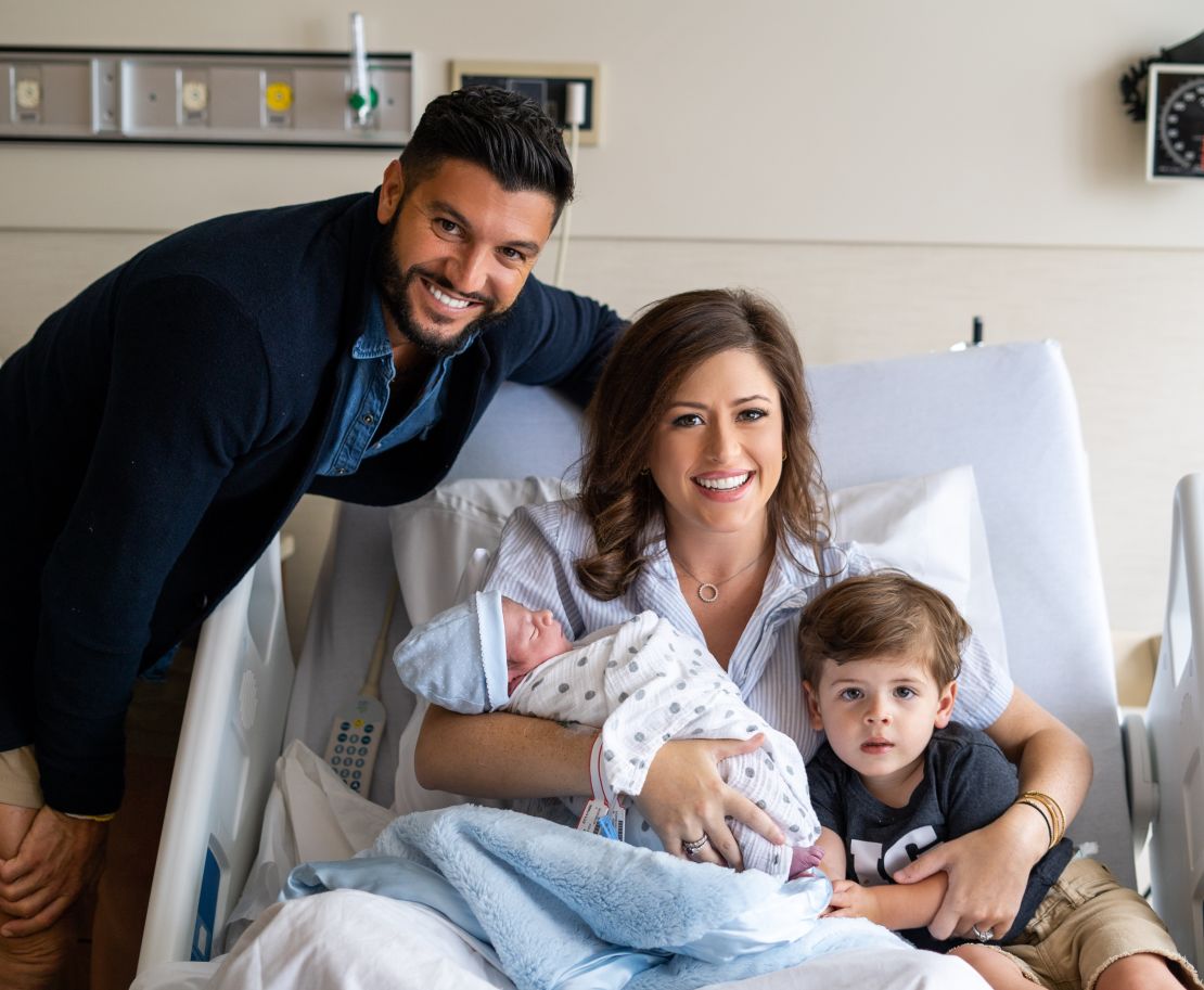 Chloe Melas with her husband Brian Mazza after the birth of their second son July 2019.