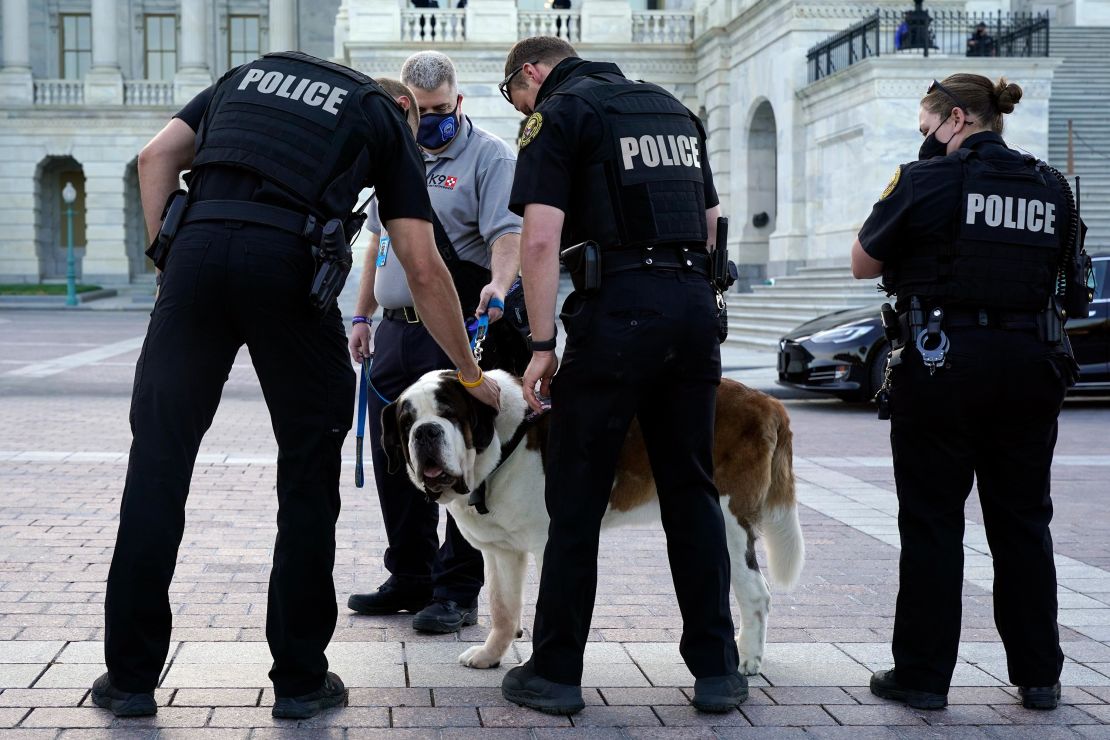 US Capitol Police officers pet official police comfort dog Officer Clarence as they wait for the casket of slain U.S. Capitol Police officer William "Billy" Evans to leave the Capitol after he was lying in honor at the Capitol in April.