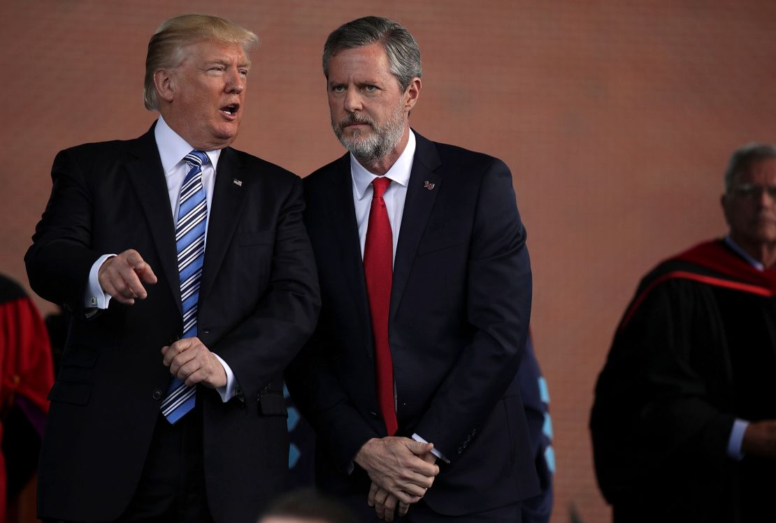 Former President Donald Trump with Jerry Falwell Jr. during commencement at Liberty University in May 2017.