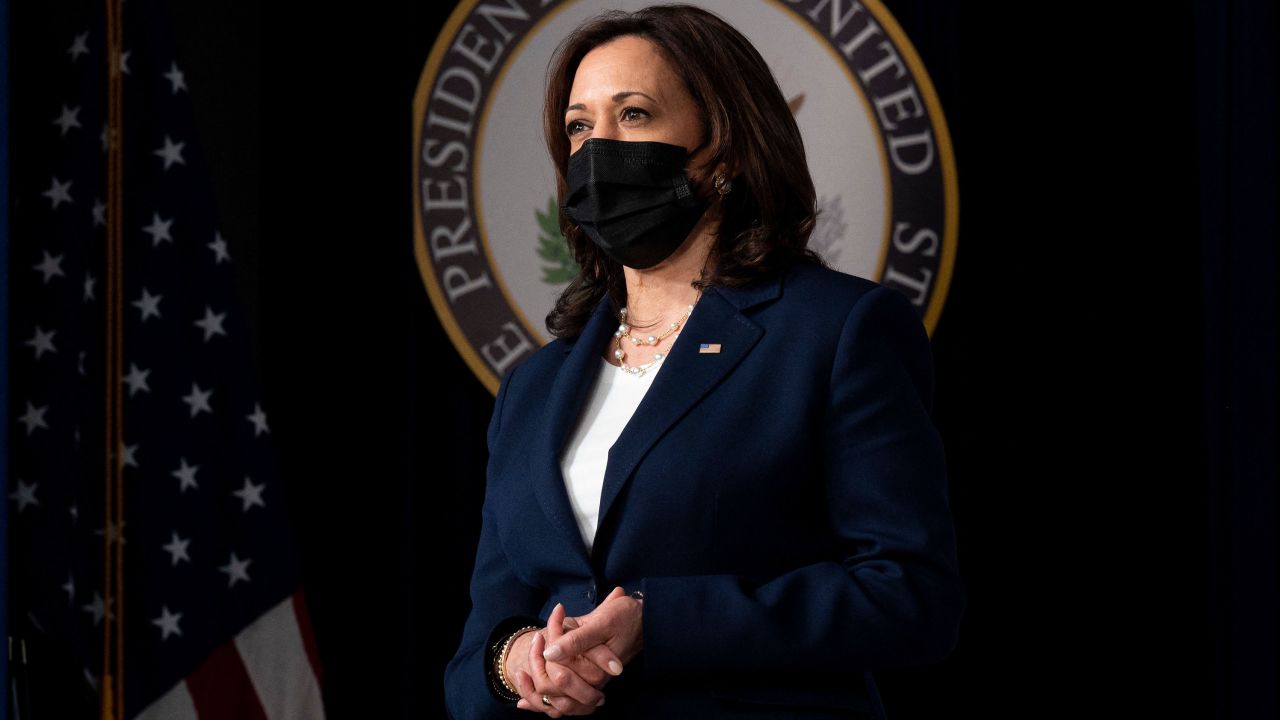 Vice President Kamala Harris looks on before speaking about the American Recovery Plan on April 15, 2021, at the White House.