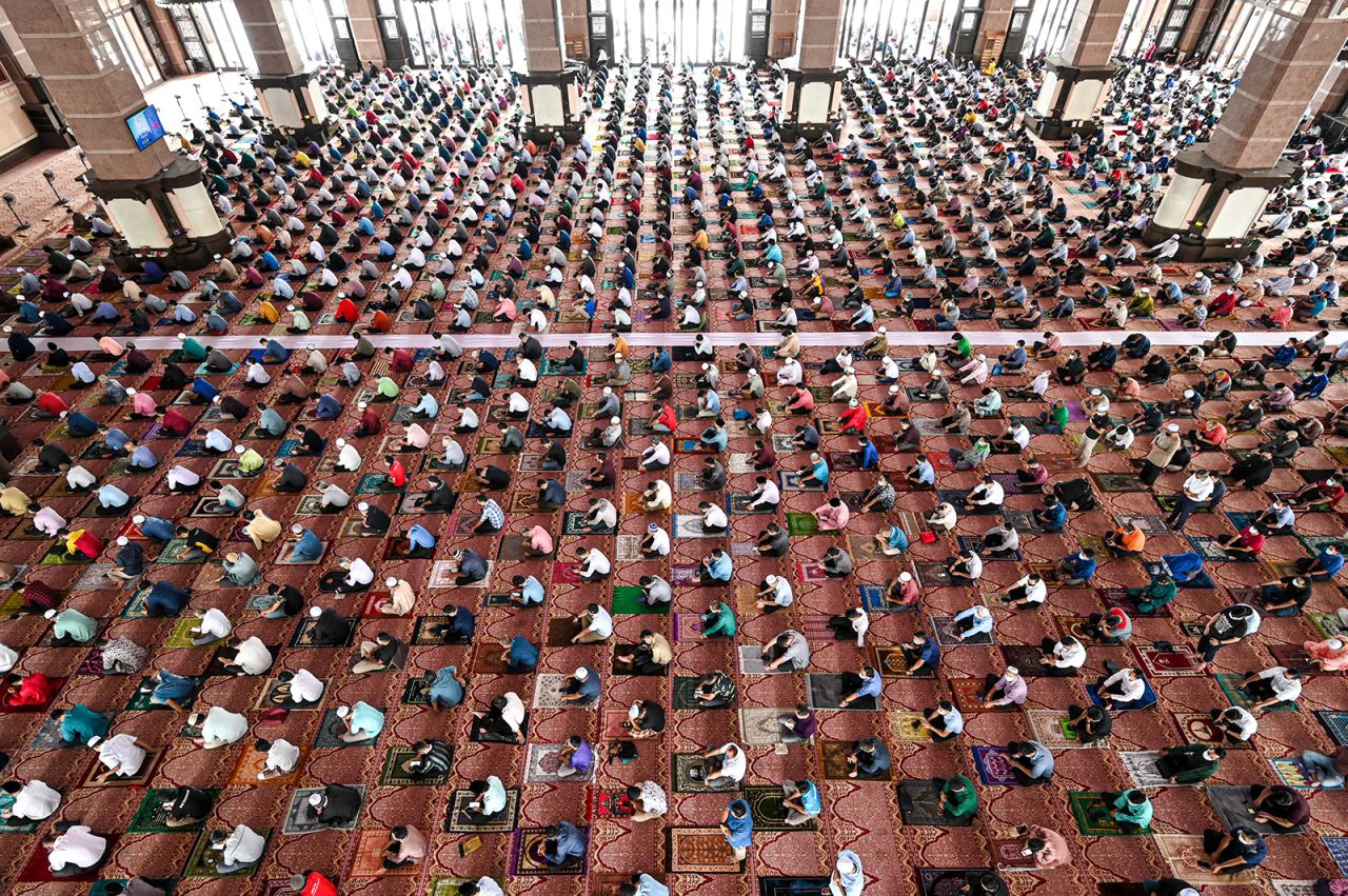 People practice social distancing at the Putra Mosque in Putrajaya, Malaysia, on April 16.