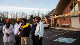 INDIANAPOLIS, IN - APRIL 16: Leaders of the Sikh Satsang of Indianapolis participate in an interview addressing their grief in the parking lot of their temple on April 16, 2021 in Indianapolis, Indiana. Four Sikh members of the community were killed during a mass shooting at a FedEx Ground Facility that left at least eight people dead and five wounded on the evening of April 15. Police have identified the suspect as former FedEx employee, Brandon Scott Hole, who died of an apparent self-inflicted gunshot wound after the shooting. (Photo by Jon Cherry/Getty Images)