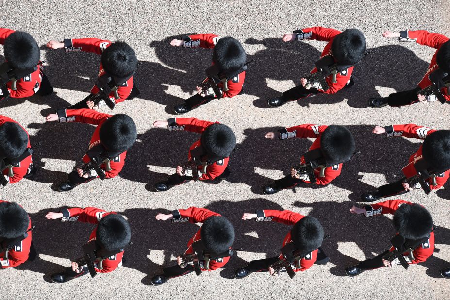Members of the Coldstream Guards march at Windsor Castle ahead of the funeral.