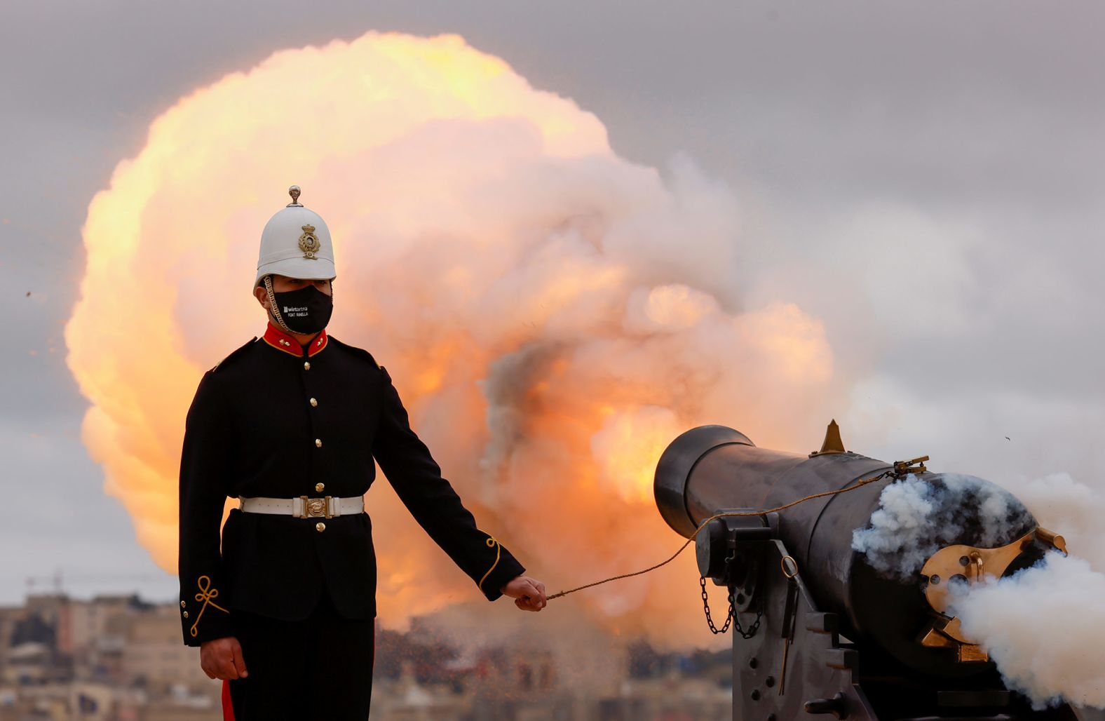 A nine-gun salute is fired in Valletta, Malta, to honor Prince Philip before his funeral.