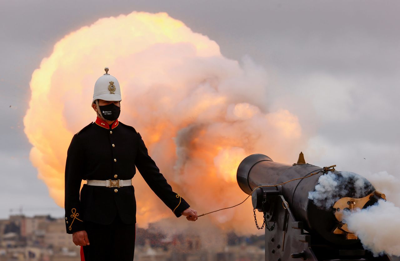 A nine-gun salute is fired in Valletta, Malta, to honor Prince Philip before his funeral.