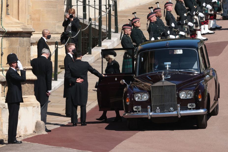 Camilla, the Duchess of Cornwall, arrives for the funeral service.