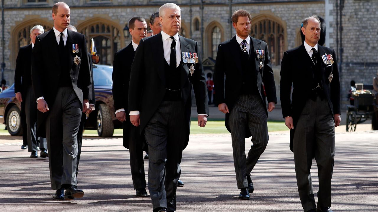 Prince William, Prince Andrew, Prince Harry and Prince Edward walk together before the funeral of Prince Philip.
