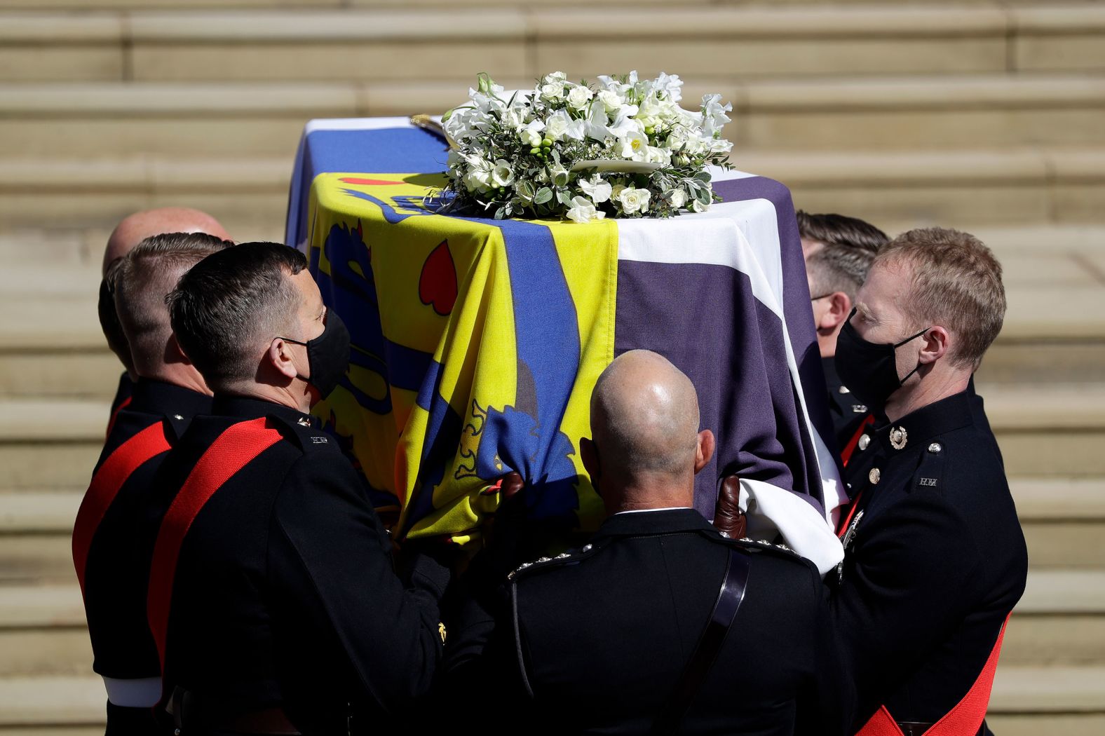 Pallbearers carry Philip's coffin into St. George's Chapel.