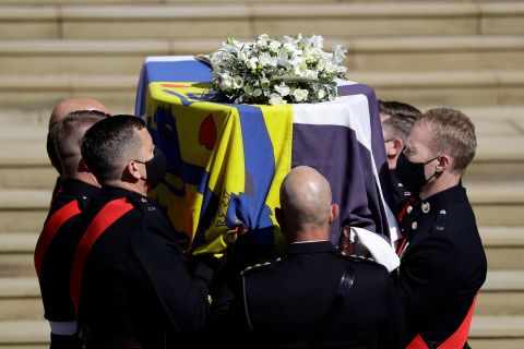 Pallbearers carry Philip's coffin into St. George's Chapel.