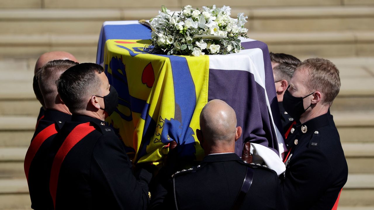 Prince Philip, Duke of Edinburgh's coffin is carried on the West Steps of St. George's Chapel at Windsor Castle.