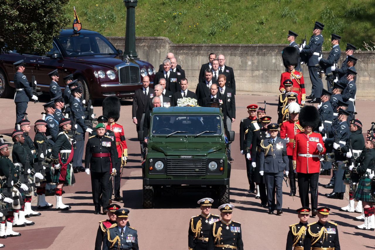 Prince Philip's coffin is transported during the Ceremonial Procession on April 17 in Windsor, England. <a href="https://www.cnn.com/2021/04/17/uk/gallery/prince-philip-funeral/index.html" target="_blank">See more photos from Prince Philip's funeral</a>