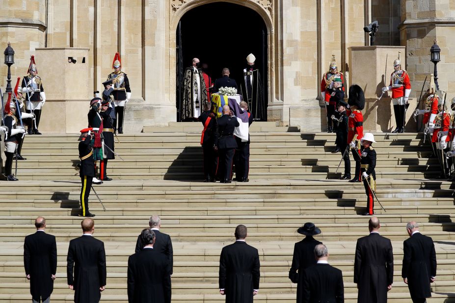 Philip's coffin arrives at St. George's Chapel.