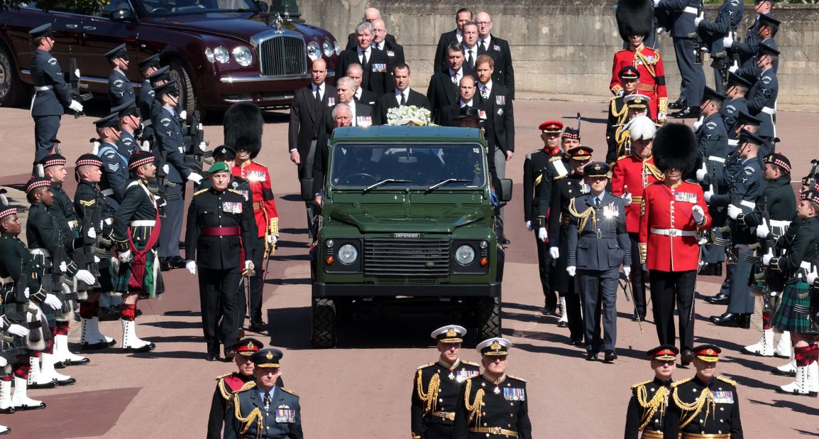 During the procession, Philip's coffin was carried by a modified Land Rover that he helped design.