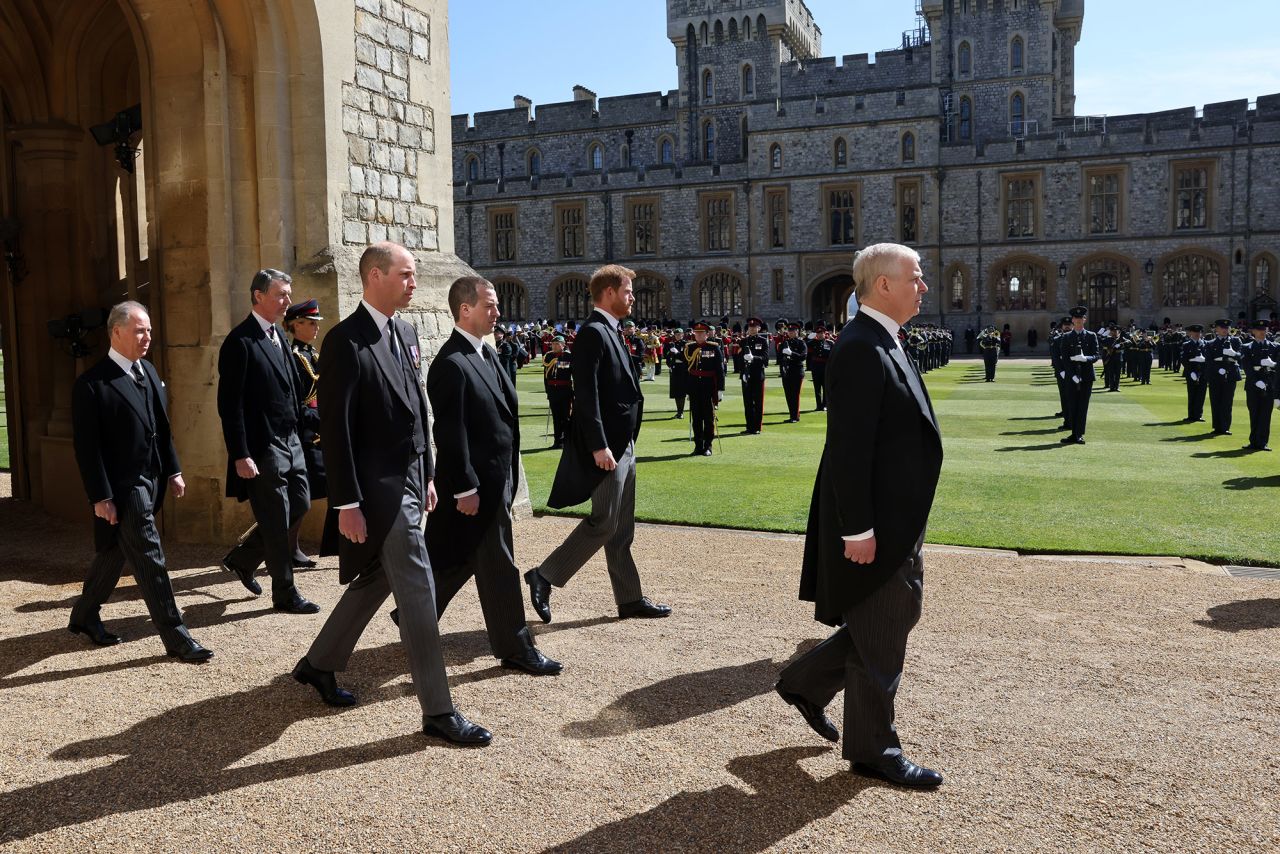 Members of the royal family walk behind Philip's coffin during the procession to St. George's Chapel. At right is Philip's son Prince Andrew. Behind Andrew are Philip's grandsons Prince William, Peter Phillips and Prince Harry.