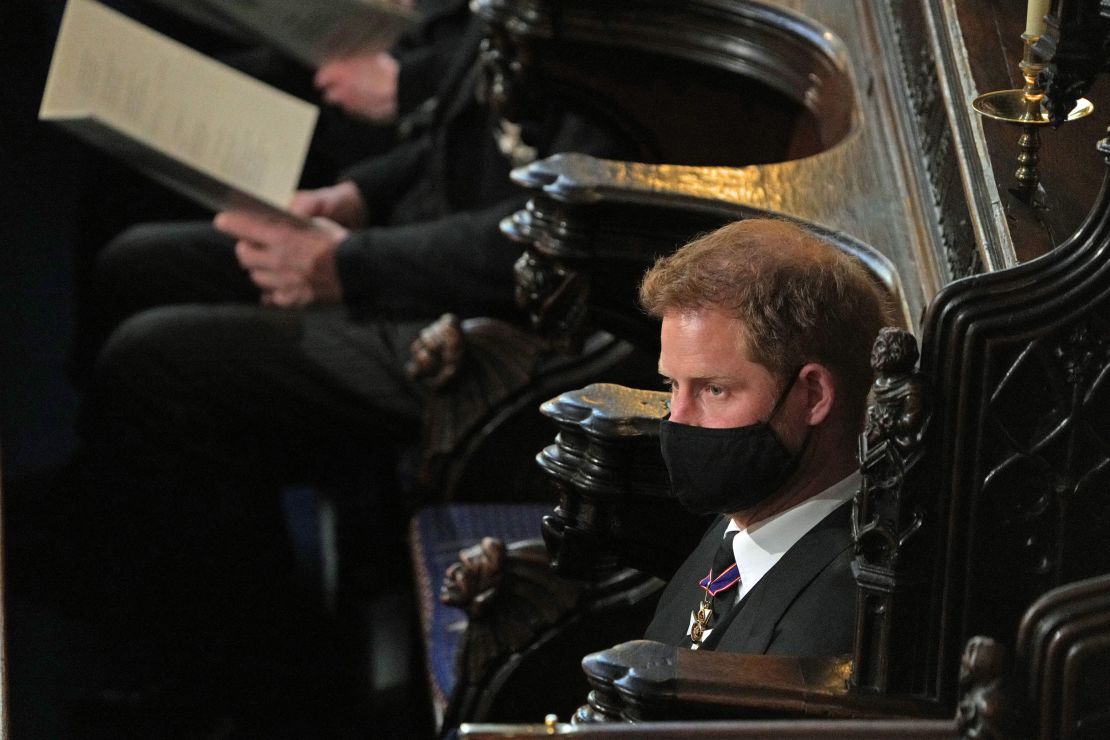 Britain's Prince Harry, Duke of Sussex attends the funeral service of Britain's Prince Philip. He sat alone during the service.