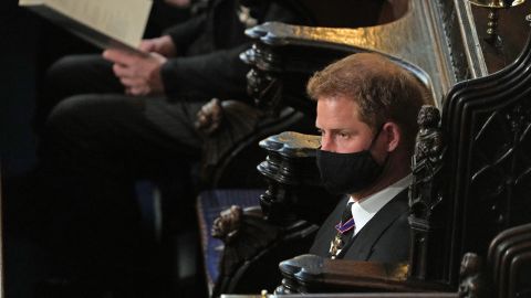 Britain's Prince Harry, Duke of Sussex attends the funeral service of Britain's Prince Philip. He sat alone during the service.