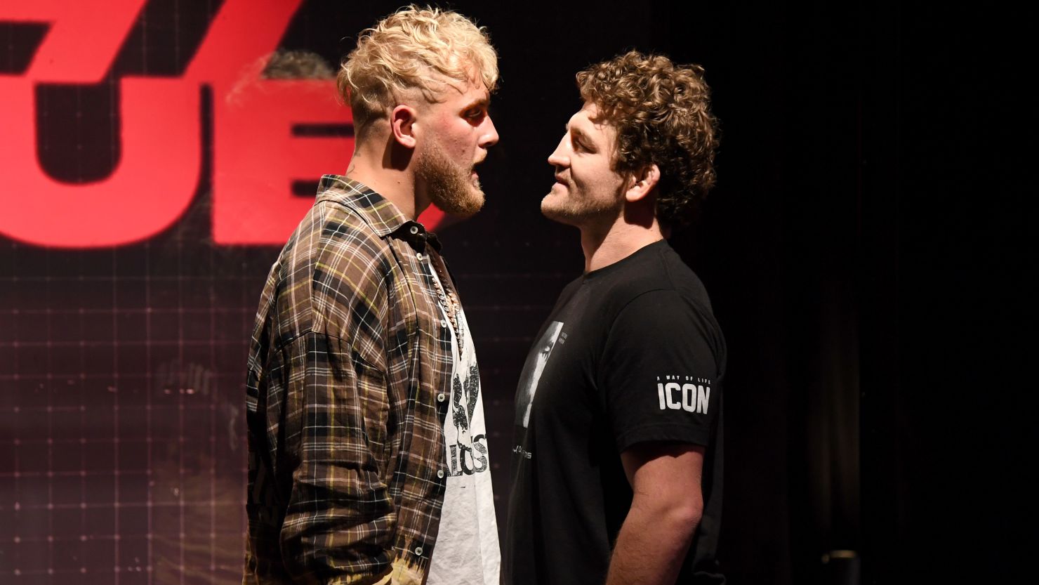 Jake Paul and Ben Askren face off during a news conference for Triller Fight Club's inaugural 2021 boxing event at The Venetian Las Vegas on March 26 in Las Vegas, Nevada.