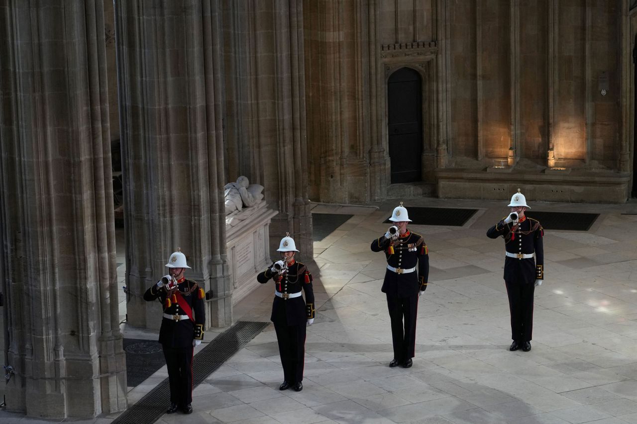 The end of the funeral was marked by the Buglers of the Royal Marines sounding "Action Stations," an announcement that would traditionally be made on a naval warship to signify that all hands should go to battle stations.