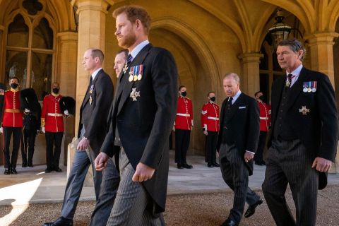 From left, Philip's grandsons Prince William, Peter Phillips and Prince Harry walk behind his coffin during the funeral procession. Behind them are the Earl of Snowdon David Armstrong-Jones and Vice Admiral Sir Timothy Laurence. Armstrong-Jones is the son of the Queen's late sister Margaret. Laurence is Princess Anne's husband. After the funeral, Prince William and Prince Harry <a href="https://www.cnn.com/2021/04/17/uk/william-harry-philip-funeral-intl-gbr-scli/index.html" target="_blank">were seen chatting and walking together.</a>