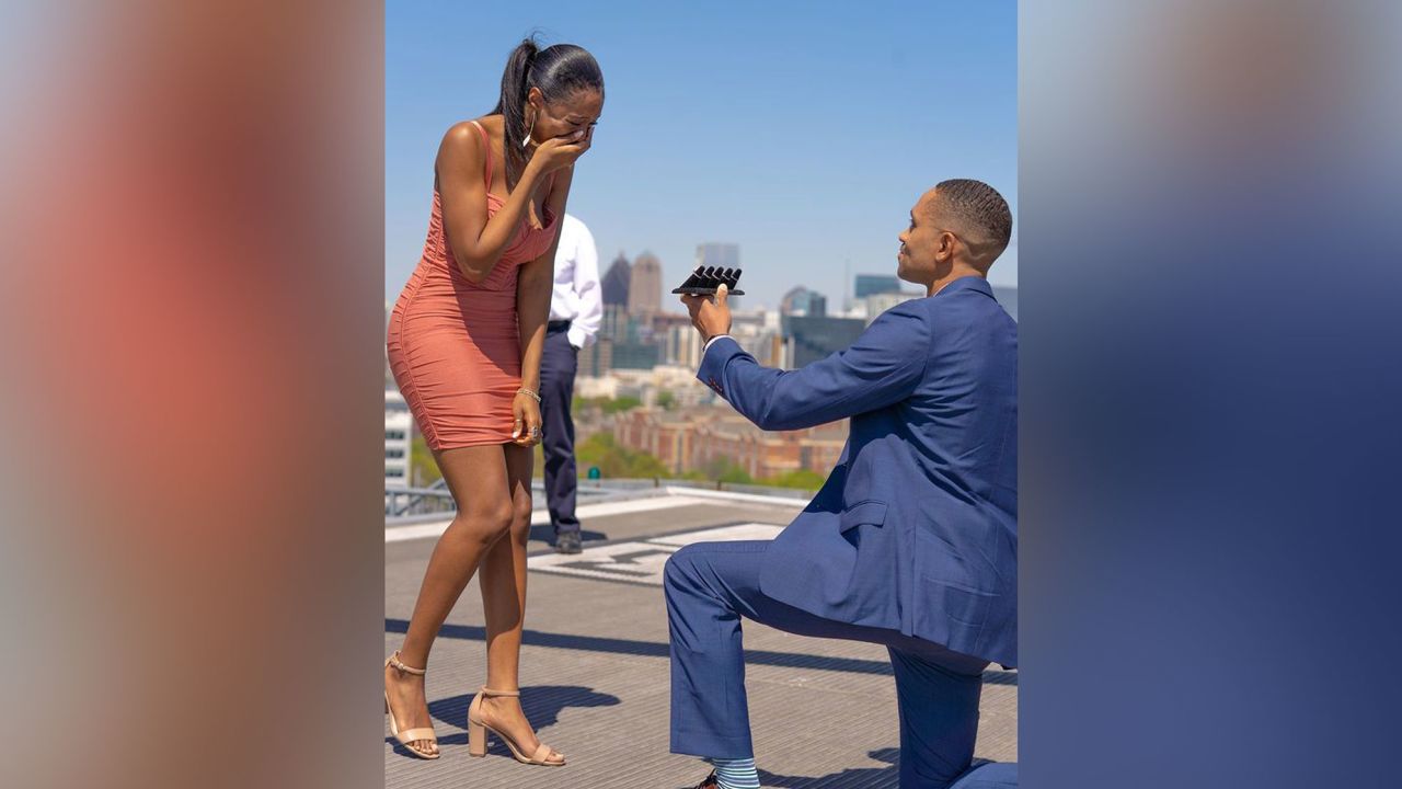 William Hunn proposes to Brittney Miller with five engagement rings in downtown Atlanta.