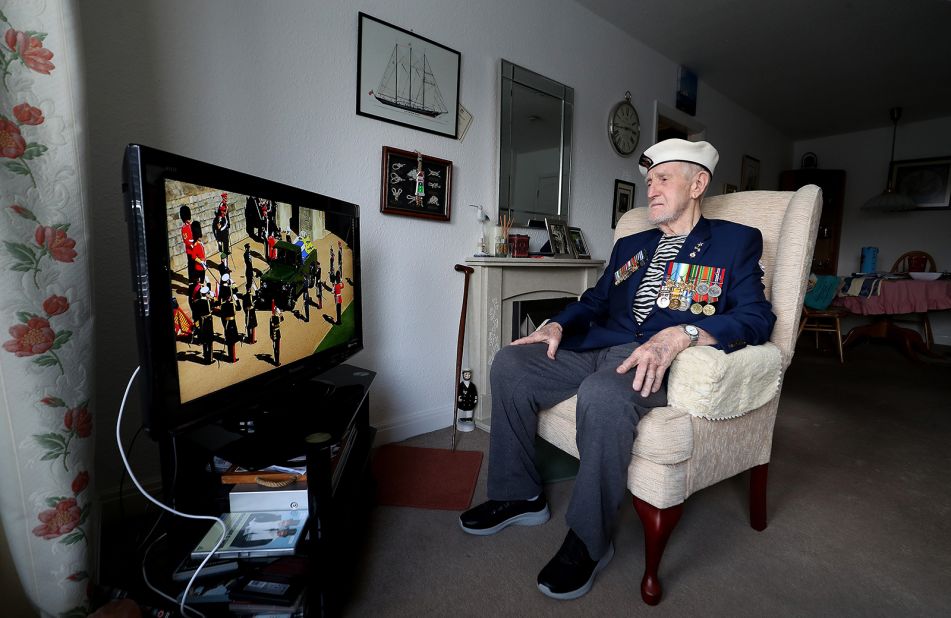 World War II veteran Malcolm Clerc, 94, watches the funeral of the Duke of Edinburgh at his home in Knutsford, Cheshire. 