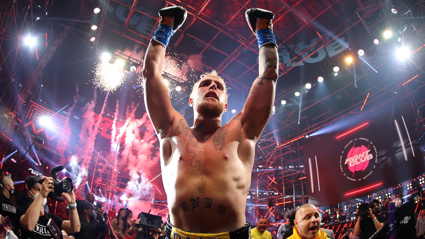 Jake Paul celebrates after defeating Ben Askren in their cruiserweight bout during Triller Fight Club at Mercedes-Benz Stadium on April 17, 2021 in Atlanta.
